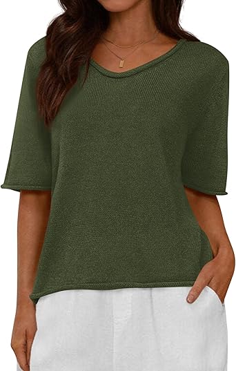 BTFBM Sweaters for Women 2026 Summer Oversized Half Short Sleeve Knitted Pullover V Neck‌ Casual Loose Fit Spring Tops