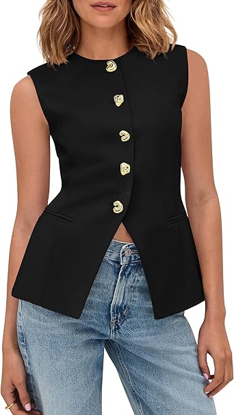 BTFBM Blazers for Women Vest Tops Business Casual Outfits Button Down Sleeveless Pockets Office Work Clothes Spring 2026