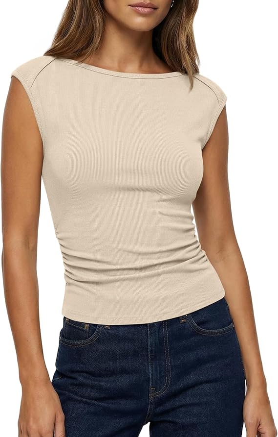 BTFBM Womens Summer Tops 2025 Boat Neck Cap Sleeve Tee Shirts Ruched Slim Fit Knit Going Out Tank Top Fashion Clothing