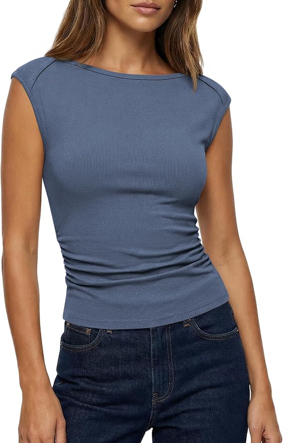 BTFBM Womens Summer Tops 2025 Boat Neck Cap Sleeve Tee Shirts Ruched Slim Fit Knit Going Out Tank Top Fashion Clothing