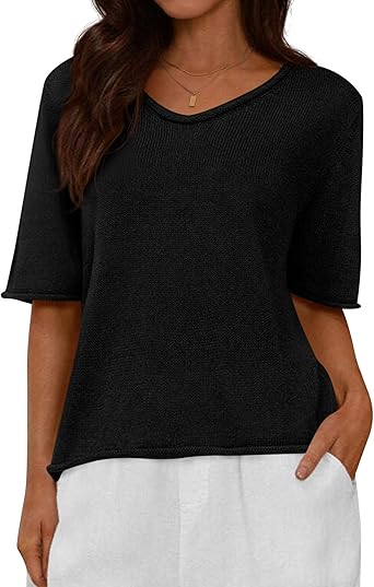 BTFBM Sweaters for Women 2026 Summer Oversized Half Short Sleeve Knitted Pullover V Neck‌ Casual Loose Fit Spring Tops