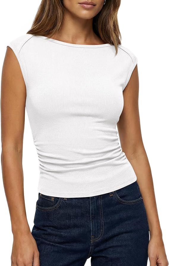 BTFBM Womens Summer Tops 2025 Boat Neck Cap Sleeve Tee Shirts Ruched Slim Fit Knit Going Out Tank Top Fashion Clothing