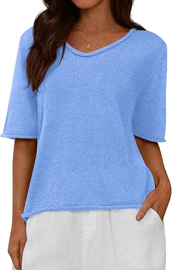 BTFBM Sweaters for Women 2026 Summer Oversized Half Short Sleeve Knitted Pullover V Neck‌ Casual Loose Fit Spring Tops