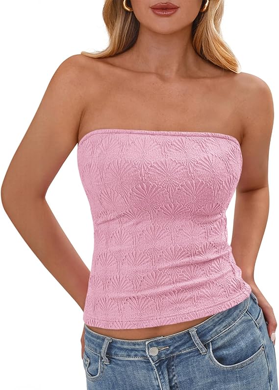 BTFBM Tube Tops for Women Spring Summer 2026 Backless Fitted Floral Embroidery Going Out Bandeau Top Beach Vacation