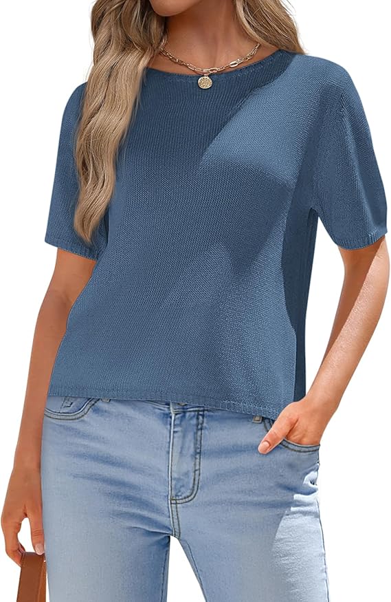 BTFBM Short Sleeve Sweater for Women Spring Tops Crew Neck Lightweight Pullover Loose Dressy Casual Blouse Basic Clothes