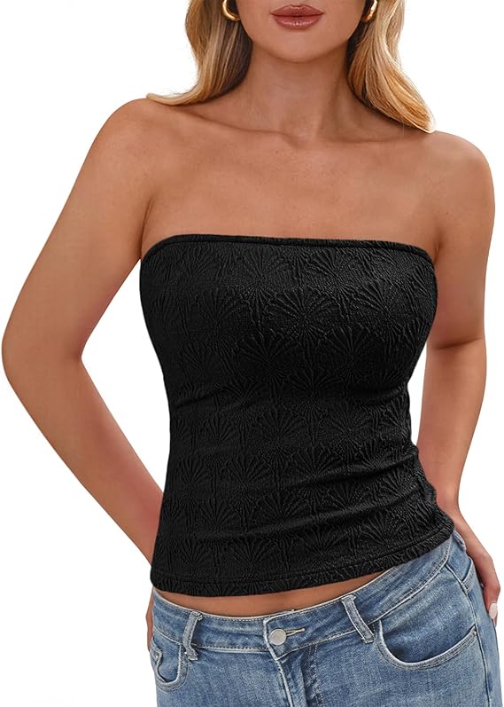 BTFBM Tube Tops for Women Spring Summer 2026 Backless Fitted Floral Embroidery Going Out Bandeau Top Beach Vacation