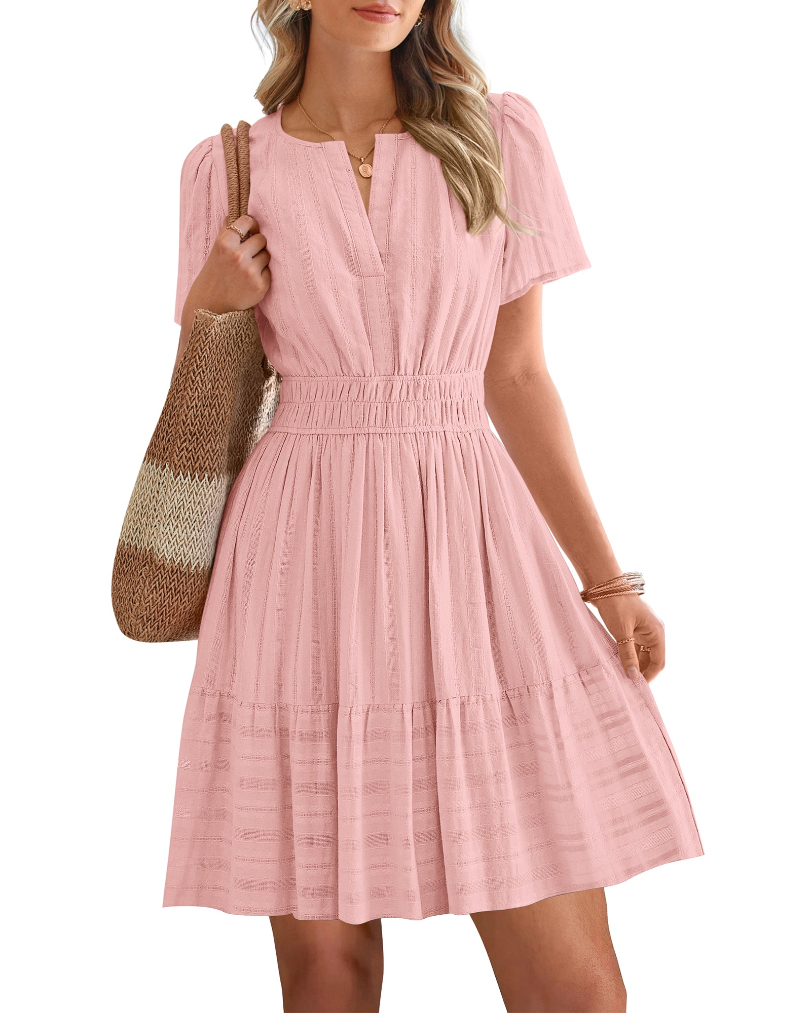 BTFBM Womens Spring 2026 Casual Mini Dresses Lightweight Short Sleeve V Neck Elastic Waist Cute Boho Beach Dress Pockets