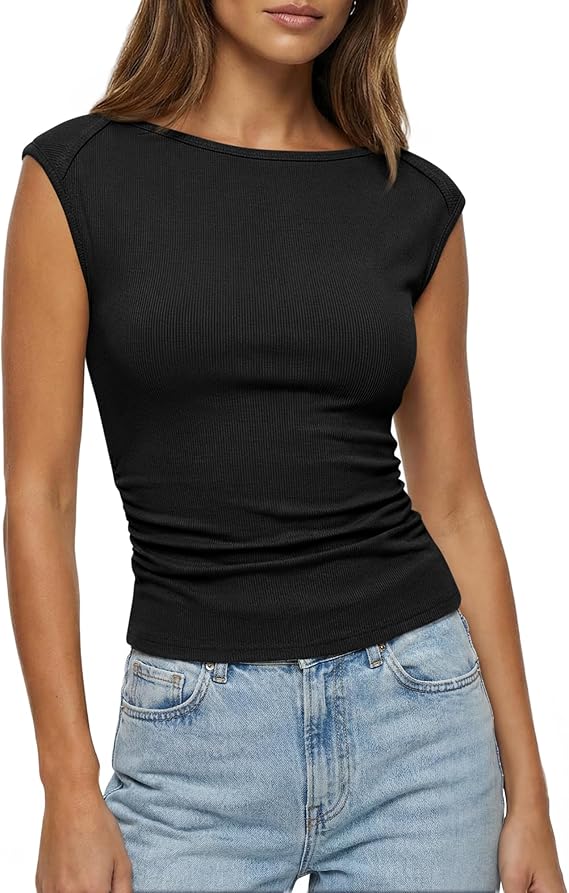 BTFBM Womens Summer Tops 2025 Boat Neck Cap Sleeve Tee Shirts Ruched Slim Fit Knit Going Out Tank Top Fashion Clothing