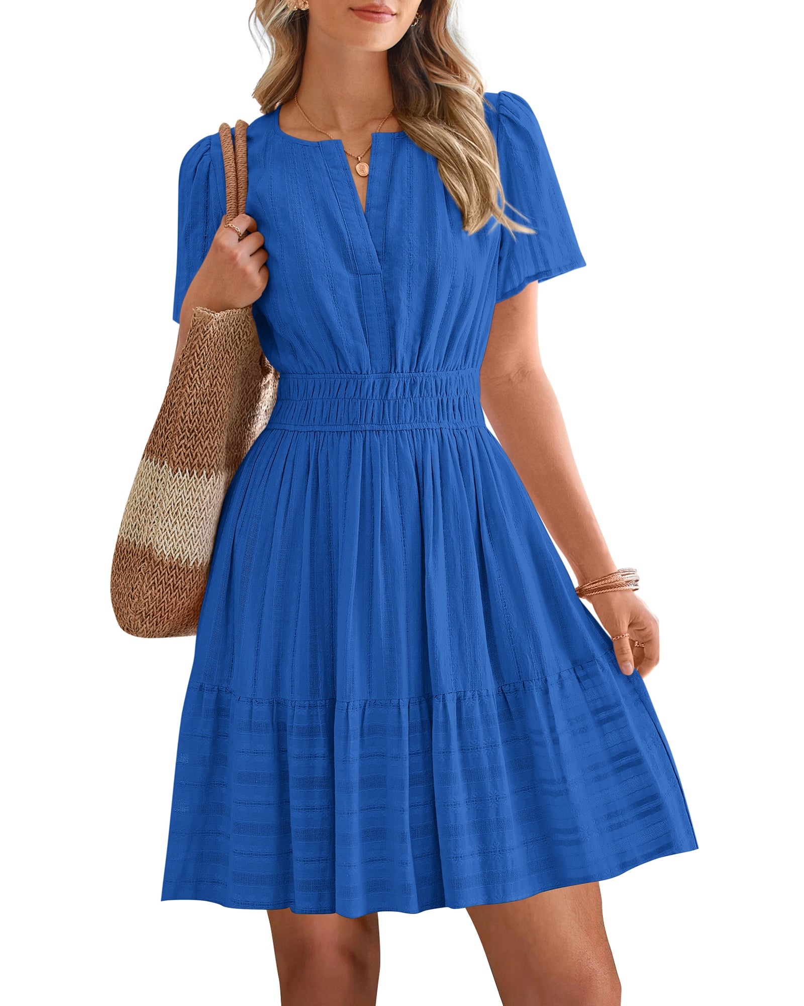 BTFBM Womens Spring 2026 Casual Mini Dresses Lightweight Short Sleeve V Neck Elastic Waist Cute Boho Beach Dress Pockets