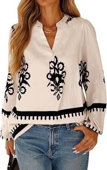 BTFBM Womens Tops Spring Casual Long Sleeve Shirts Button Up V Neck Bohemian Blouses Loose Tunics Vacation Outfits