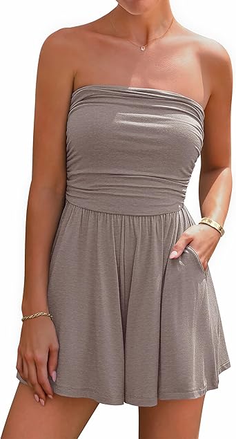 BTFBM Womens Romper 2026 Spring Summer Strapless Tube Tops Beach Vacation Clothes Boho Loose Shorts Jumpsuits Pockets