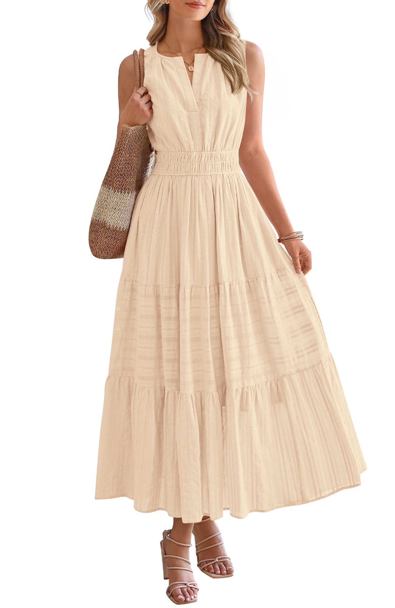 BTFBM Summer Dresses for Women 2026 Sleeveless Boho V Neck A Line Flowy Spring Casual Maxi Dress Beach Vacation Pockets