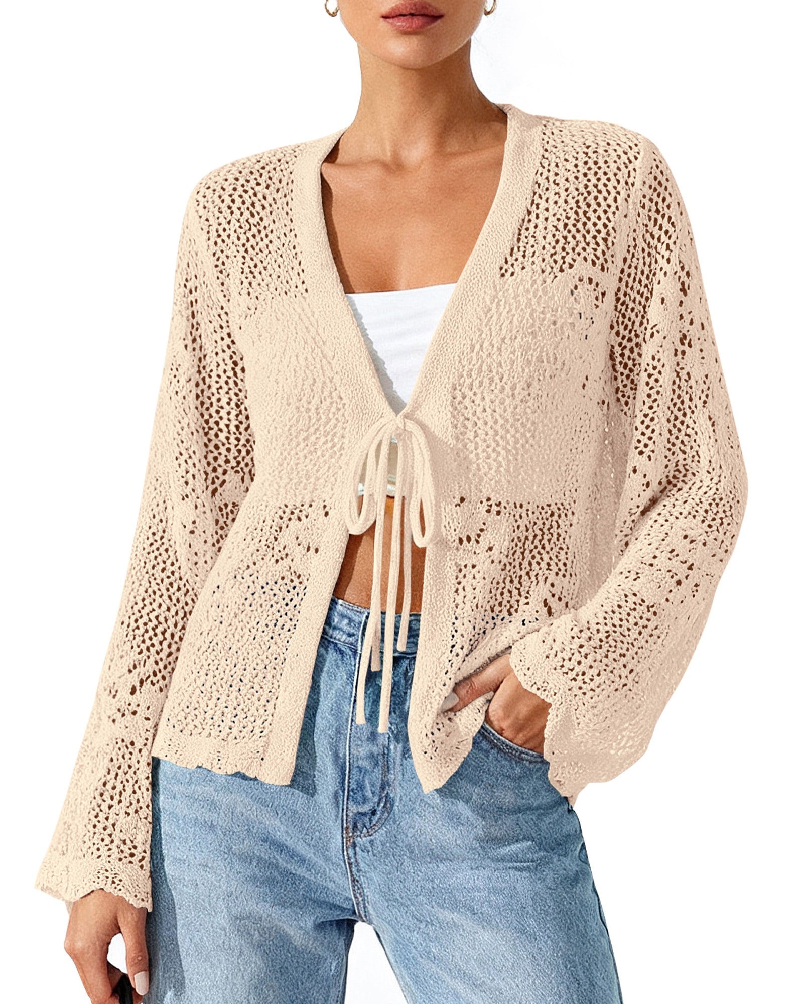 BTFBM Summer Cardigans For Women Lightweight 2026 Spring Crochet Mesh Long Sleeve Tie Front Knit Beach Vacation Outfits