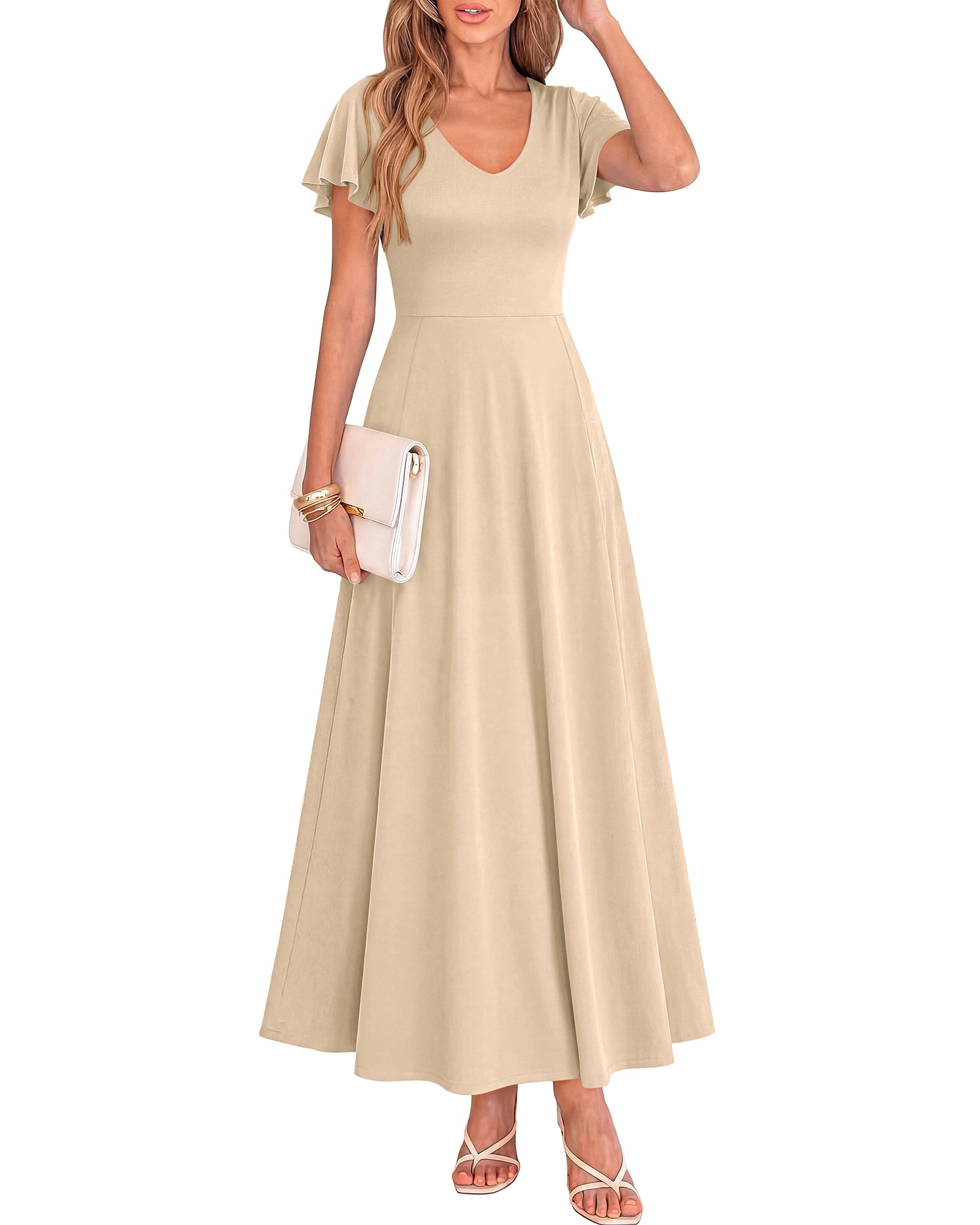 BTFBM Formal Dresses for Women Summer Outfits V Neck Ruffle Sleeve A Line Maxi Elegant Cocktail Wedding Guest Dress 2026