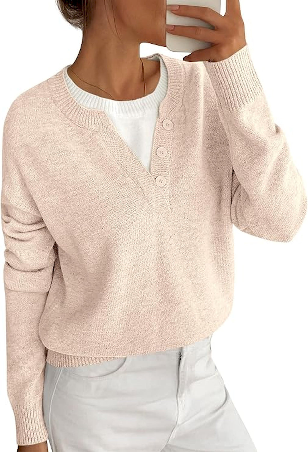 BTFBM Women Long Sleeve Crew Neck Sweaters  Tops, 2 in1 Knitted Pullover, Deco Buttons, Oversized, Stretchy, Vacation, Business Casual Outfits, Fall Winter Trendy 2026