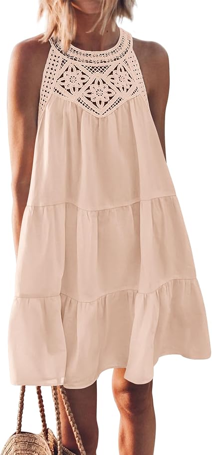 BTFBM Summer Dress for Women 2026 Spring Boho Fashion Halter Neck Sleeveless Loose A-Line Mini Beach Vacation Sundress