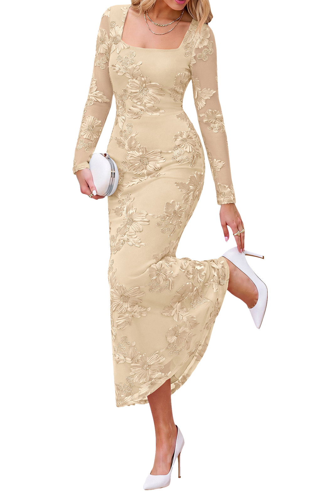 BTFBM Womens Long Sleeve Bodycon Floral Mesh Maxi Fall Wedding Guest Dress