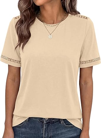 BTFBM Womens Summer Tops Lace Short Sleeve Shirts 2026 Spring Casual Loose Crew Neck Cotton Knit Cute Business Blouses