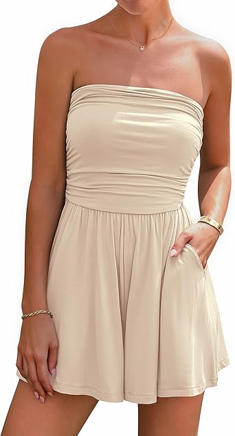 BTFBM Womens Romper 2026 Spring Summer Strapless Tube Tops Beach Vacation Clothes Boho Loose Shorts Jumpsuits Pockets