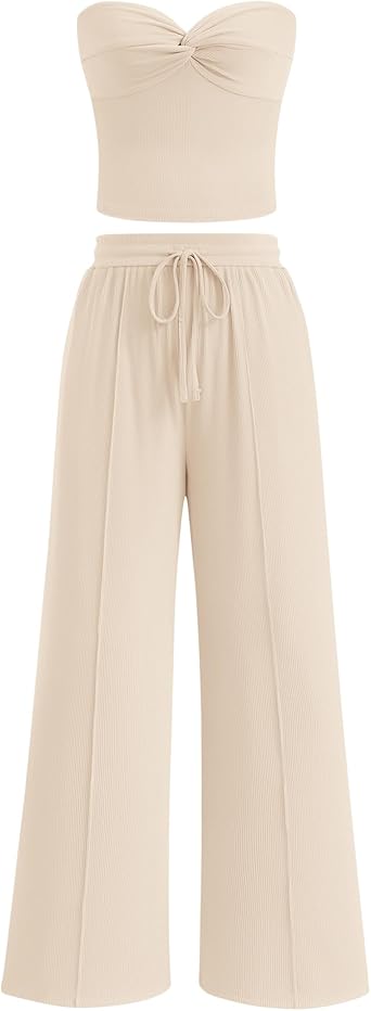 BTFBM Two Piece Sets For Women Summer Ribbed Strapless Twist Knot Tube Top Pants Set Casual 2026 Beach Vacation Outfits