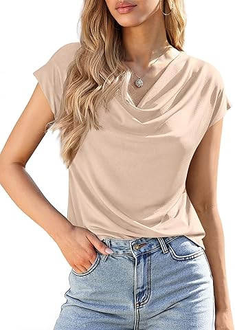BTFBM Blouses for Women Dressy Casual Spring Summer Tops 2026 Cowl Neck Short Sleeve Shirts Work Office Business Outfits