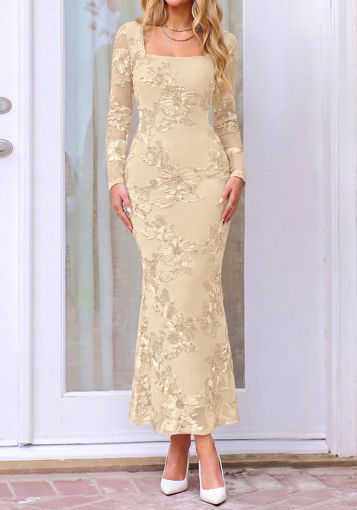 BTFBM Womens Long Sleeve Bodycon Floral Mesh Maxi Fall Wedding Guest Dress