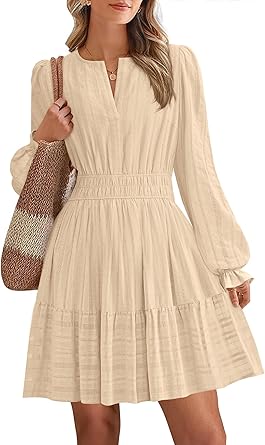 BTFBM Mini Dresses for Women 2025 Casual Lightweight Long Sleeve V Neck A Line Elastic Waist Party Holiday Dress