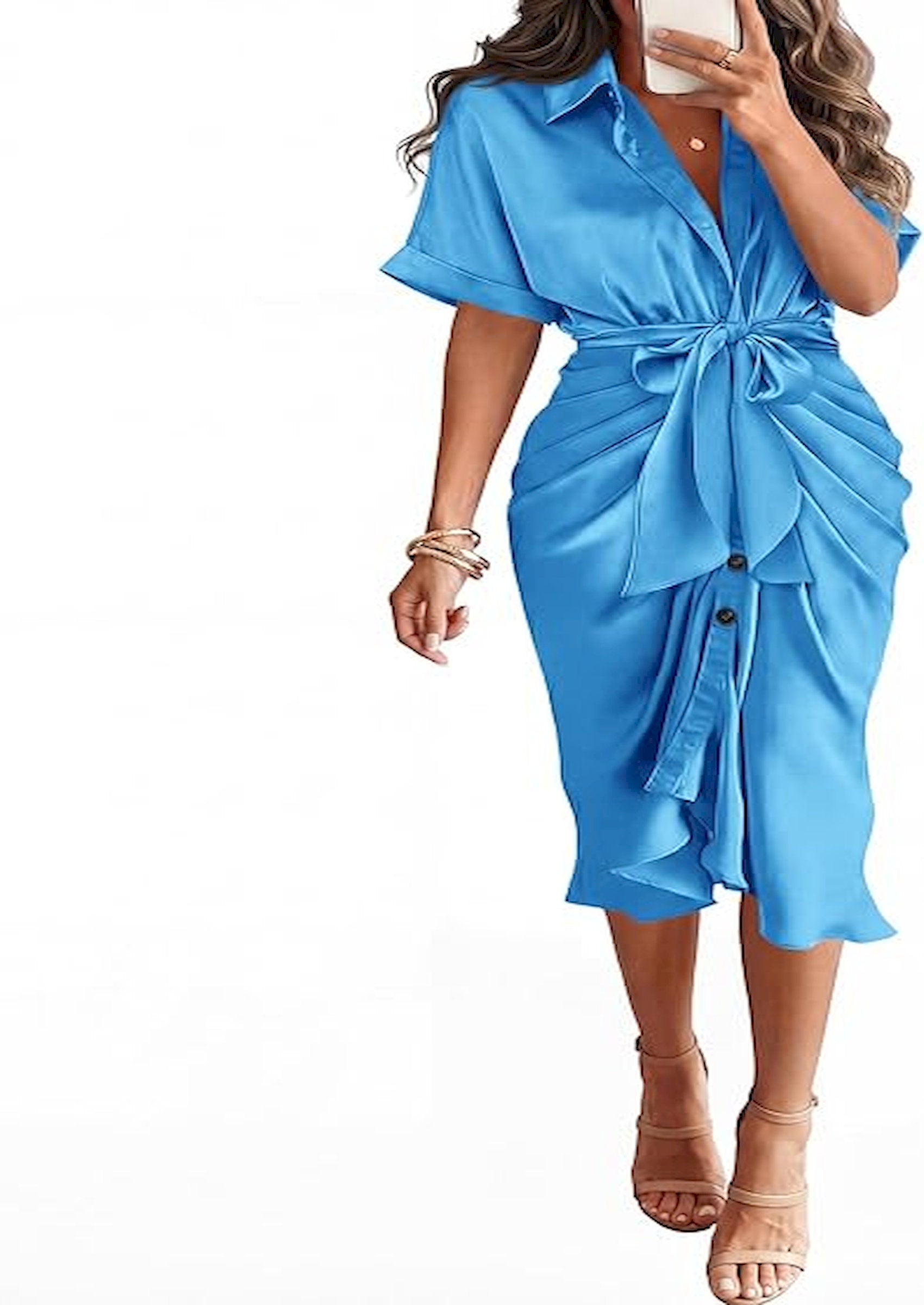 BTFBM Dresses for Women Summer Button Short Sleeve Silk Satin Ruched Spring Maxi Dress 2026 Cocktail Party Wedding
