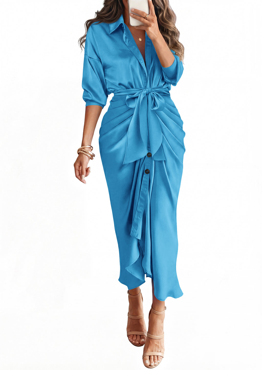 BTFBM Summer Dresses for Women 2026 Long Sleeve V Neck Button Down Elegant Belted Ruched Satin Silk Shirt Fall Dress