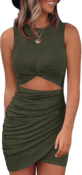 BTFBM Women 2026 Summer Dresses Sleeveless Casual Crewneck Bodycon Cutout Twist Slim Wrap Club Party Beach Mini Dress