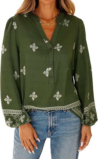 BTFBM Womens Tops Spring Casual Long Sleeve Shirts Button Up V Neck Bohemian Blouses Loose Tunics Vacation Outfits