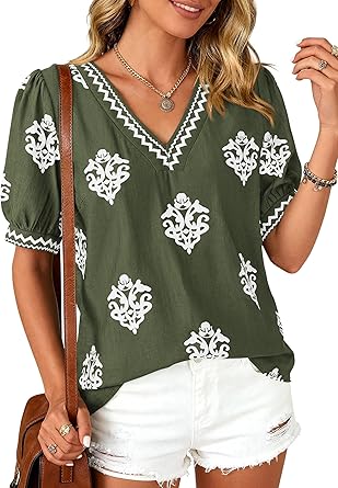 BTFBM Casual Summer Shirts for Women Beach Fashion Going Out Tops Vacation Short Sleeve Floral Boho Blouses Tunics