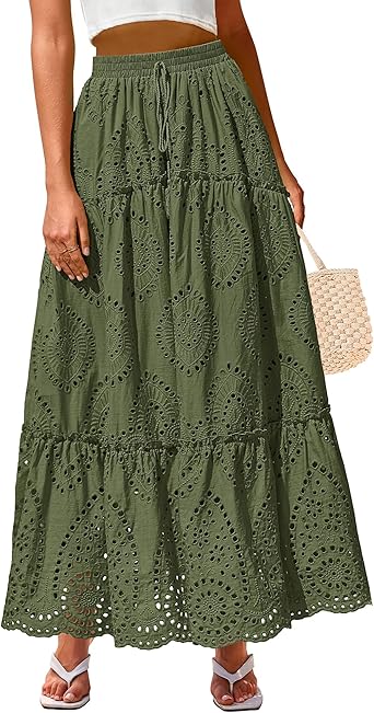 BTFBM Boho Long Skirts for Women Spring Summer 2026 Lace Embroidery High Waist Flowy Tiered Maxi Skirt Beach Vacation