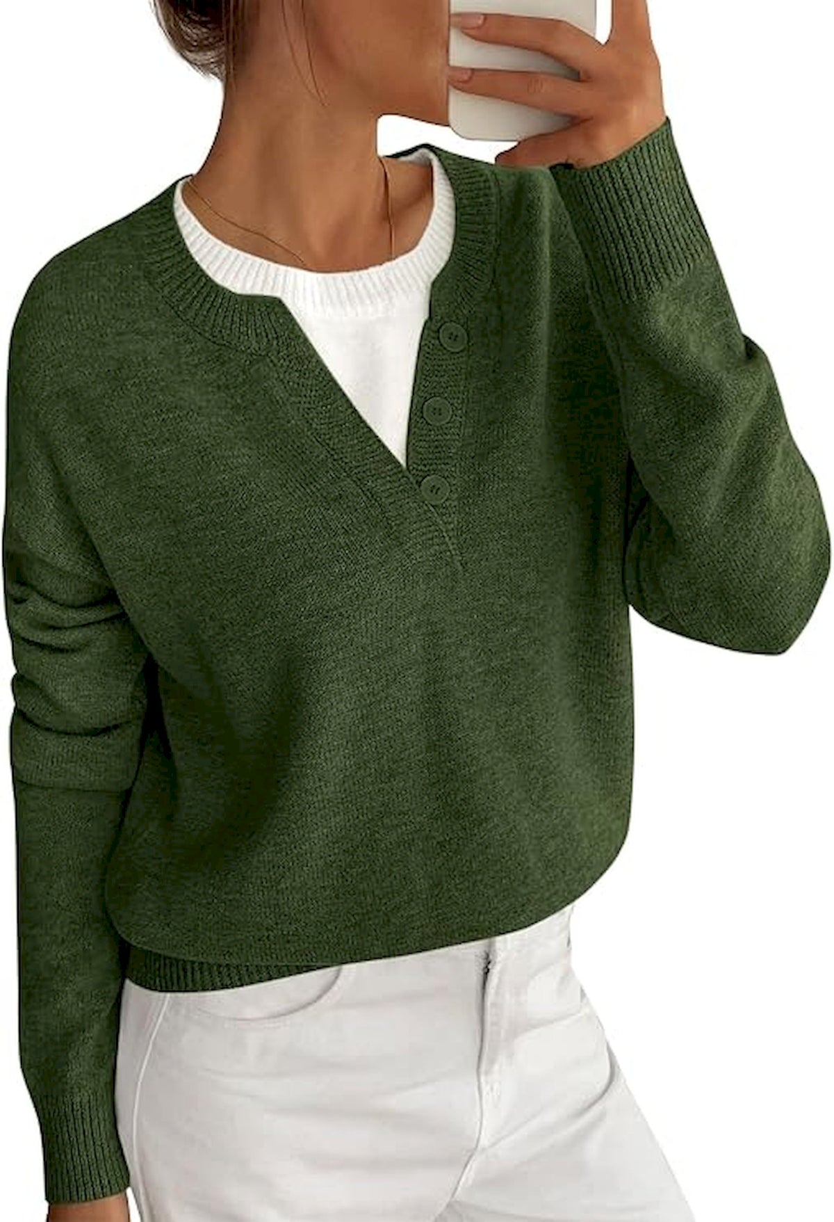 BTFBM Women Long Sleeve Crew Neck Sweaters  Tops, 2 in1 Knitted Pullover, Deco Buttons, Oversized, Stretchy, Vacation, Business Casual Outfits, Fall Winter Trendy 2026