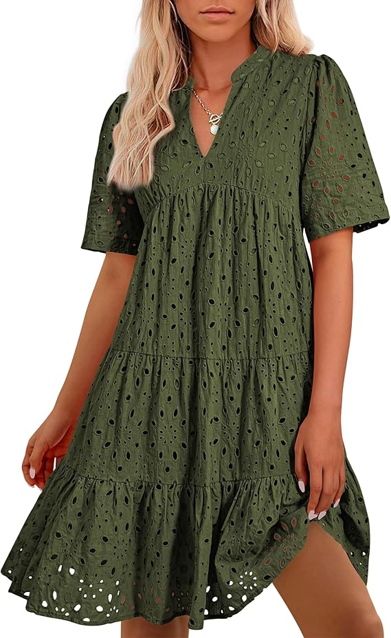 BTFBM Womens Boho Summer Dresses 2026 Spring V Neck Short Sleeve Hollow Out Lace Ruffle Casual Beach Mini Vacation Dress