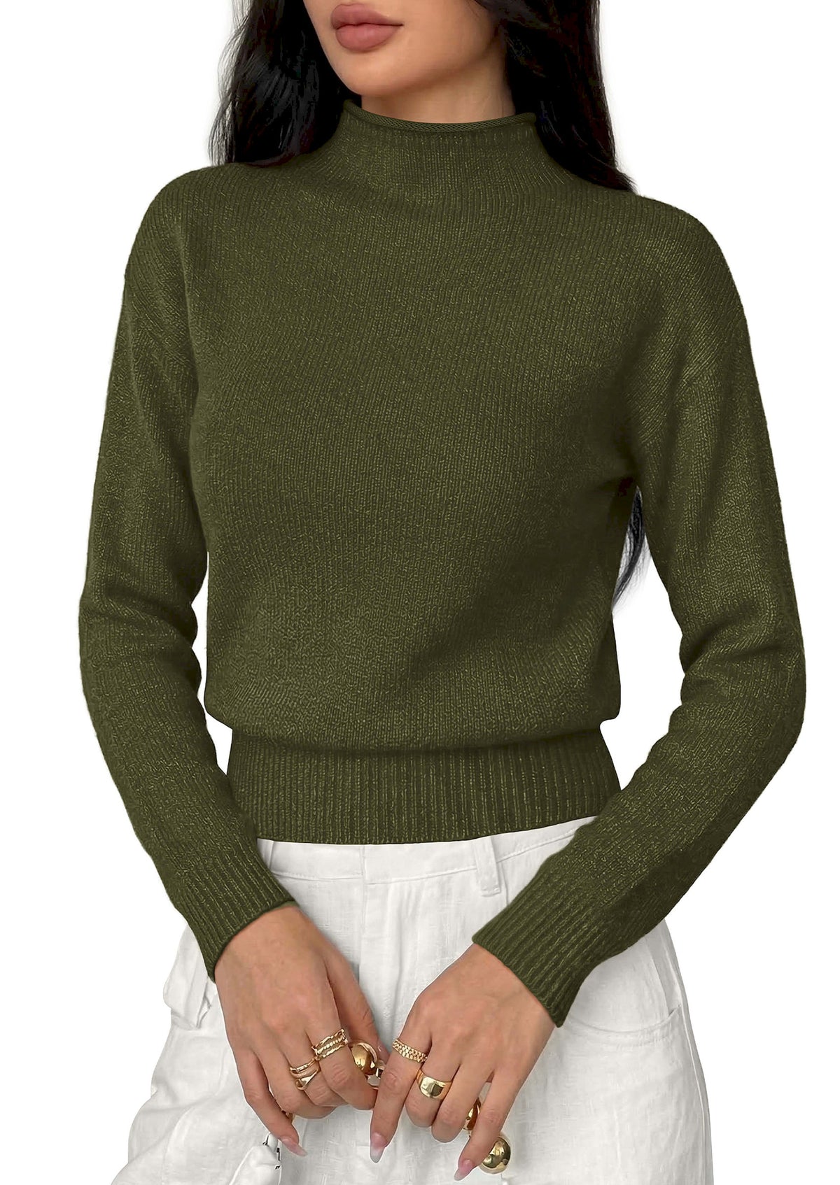 BTFBM Women’s Long Sleeve Sweaters Mock Neck Business Casual Lightweight Sweater Tops 2026 Fall Fashion Clothing