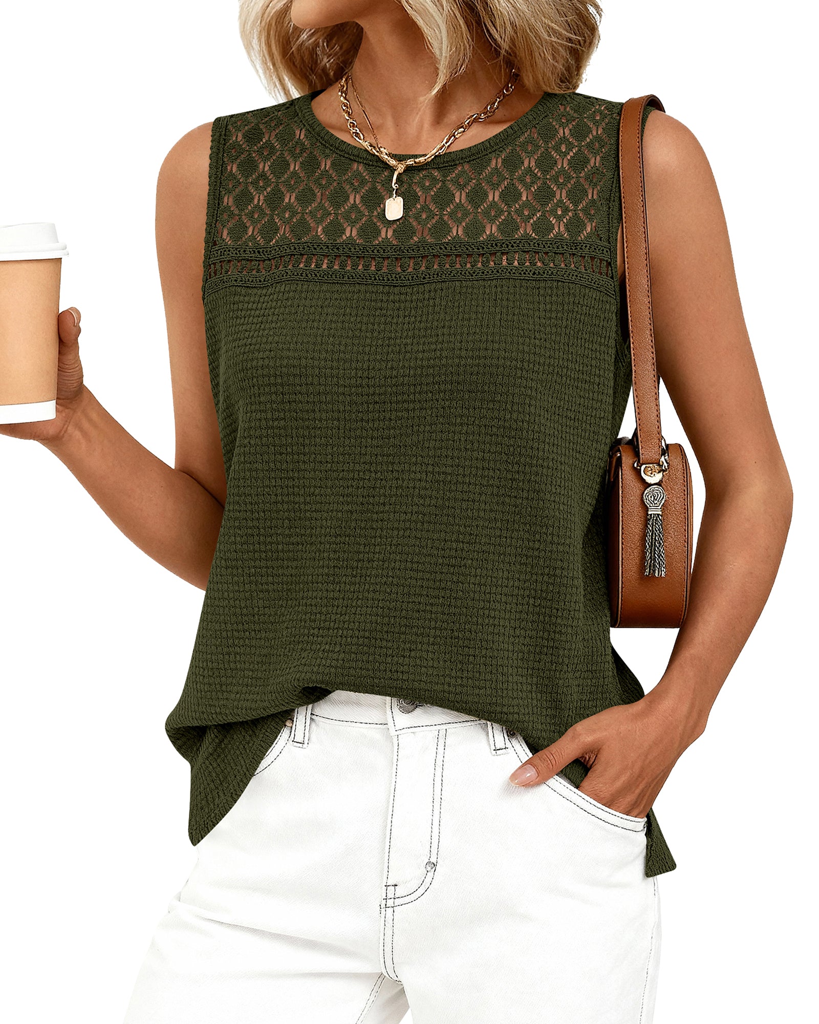 BTFBM Tank Top for Women 2026 Sleeveless Shirts Waffle Knit Vest Crew Neck Casual Outfits Loose Blouses Summer Tops