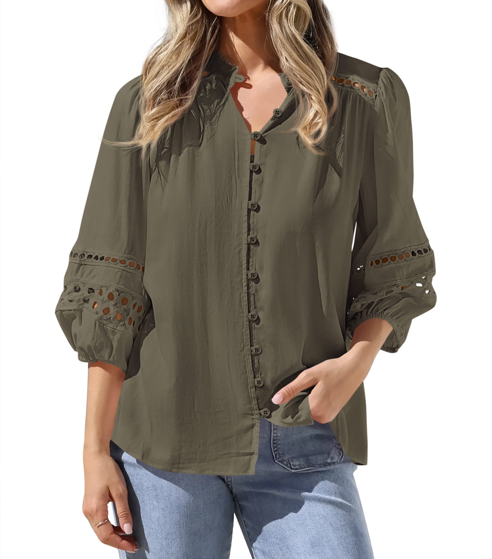 BTFBM 3/4 Length Sleeve Womens Tops Summer Blouses Eyelet Hollow Out Button Down Shirts Business Casual Outfits 2026