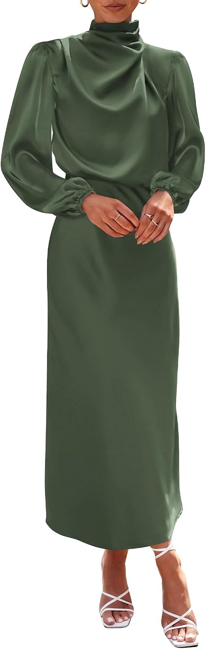 BTFBM Dresses Women Mock Neck Long Sleeve Satin Maxi Dress  Lightweight,Elastic High Waist And Cuffs,Pleated,Back Keyhole Buttons,Formal Wedding Party Cocktail Dress,Fall Outfits
