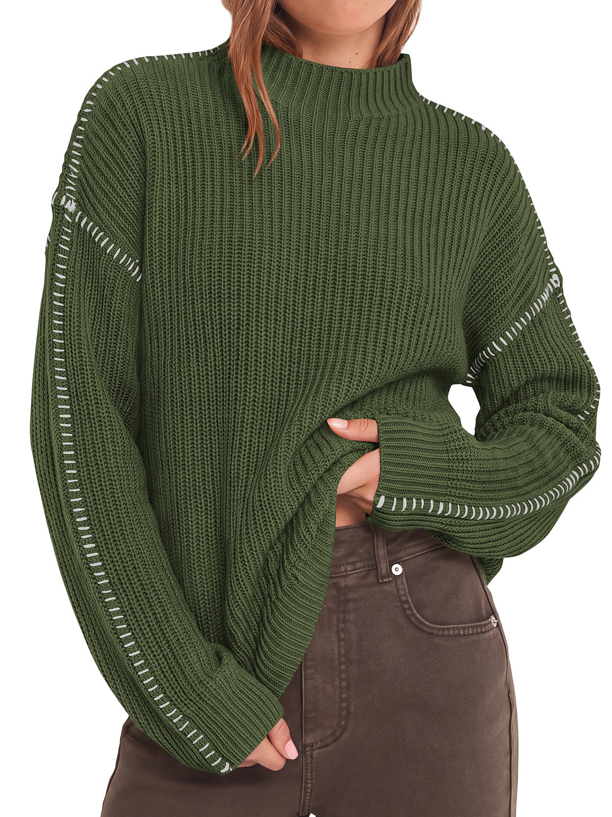 BTFBM Womens Oversized Sweaters Contrast Chunky Knit Sweater  Loose Fit Mock Neck Long Sleeve Tops, Soft Cozy Knitwear, Fall Fashion 2026, Casual Winter Clothing, Daily Going Out Outfits