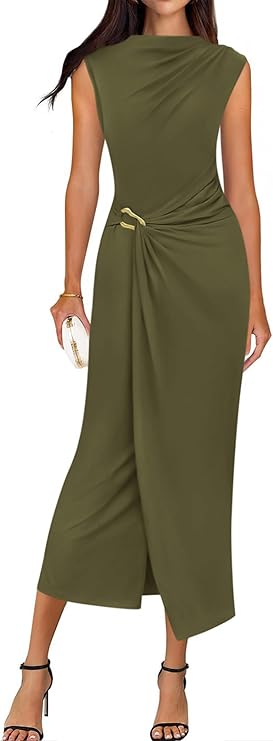 BTFBM Dresses for Women 2026 Summer Clothes Formal Bodycon Mock Neck Cap Sleeve Midi Party Cocktail Wedding Guest Dress