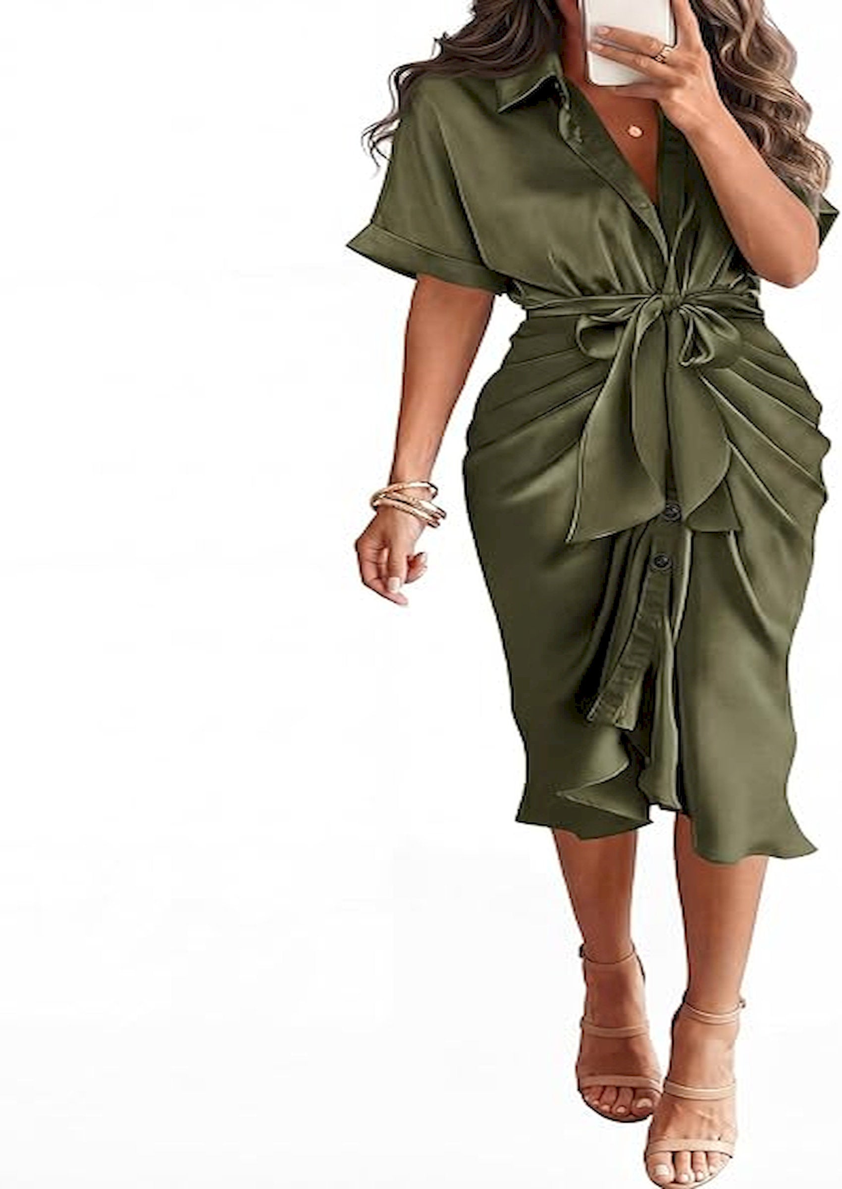 BTFBM Dresses for Women Summer Button Short Sleeve Silk Satin Ruched Spring Maxi Dress 2026 Cocktail Party Wedding