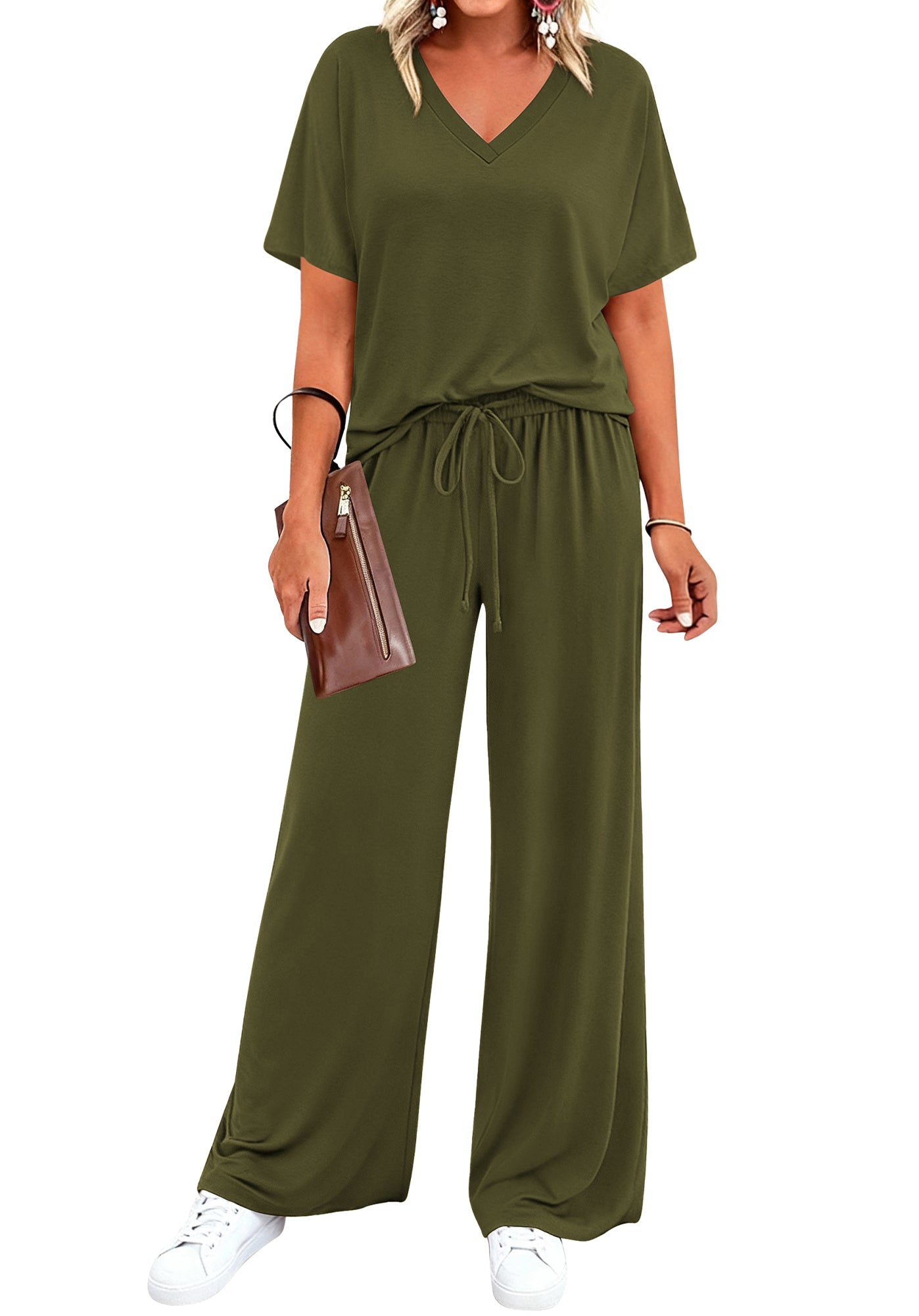 BTFBM 2 Piece Sets for Women Summer V Neck Short Sleeve Lounge Set Wide Leg Pants Matching Set Airport Travel Outfits