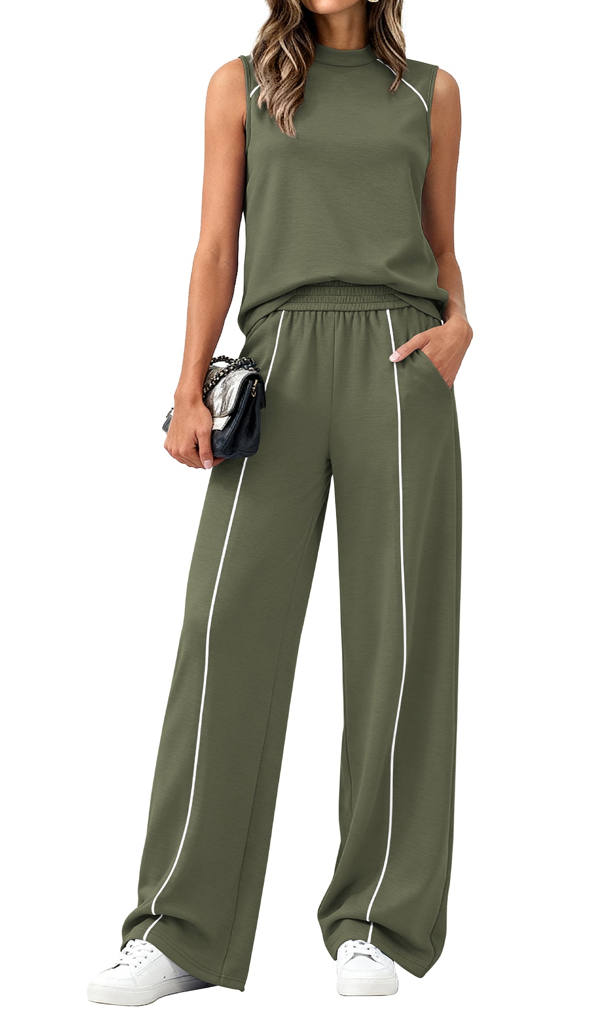BTFBM Two Piece Sets for Women Summer Outfits 2026 Lounge Sets Mock Neck Tops Wide Leg Pants Travel Fashion Clothing