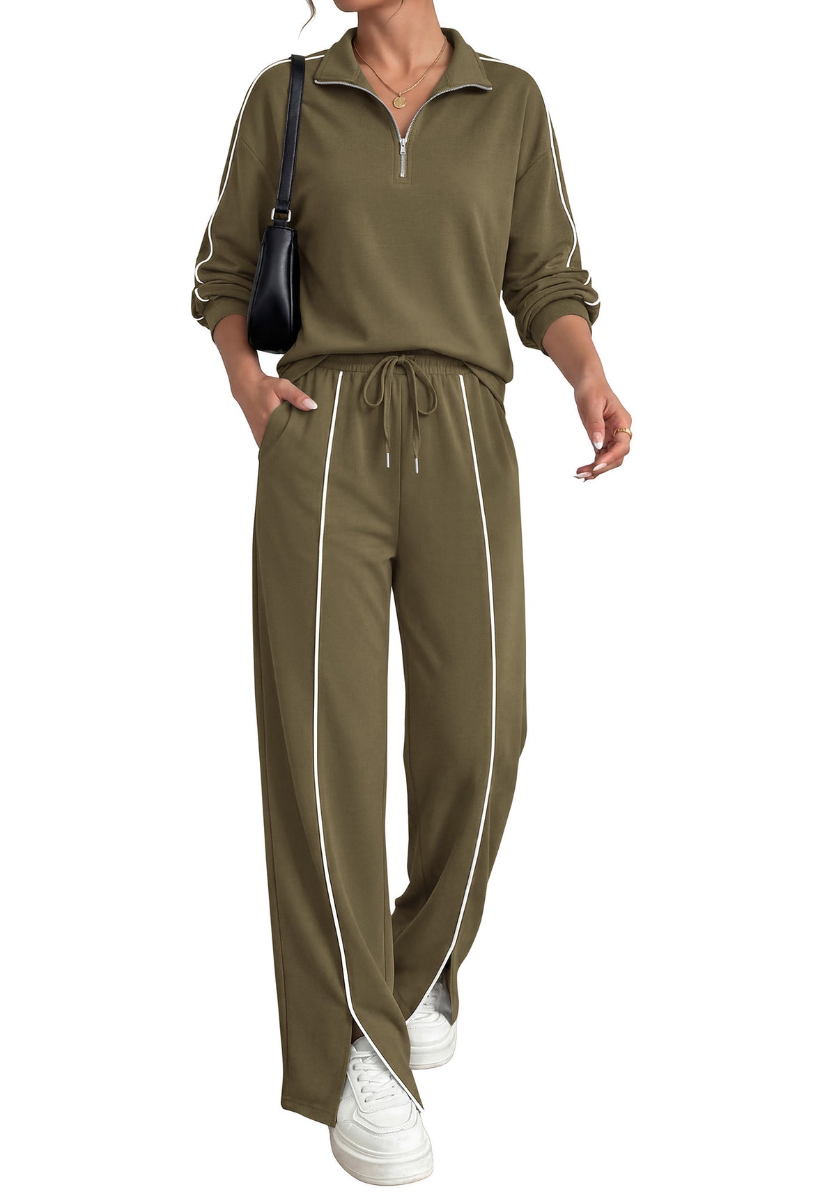 BTFBM Two Piece Sets for Women Fall Fashion 2026 Long Sleeve Half Zip Lounge Set Wide Leg Pants Vacation Airport Outfits
