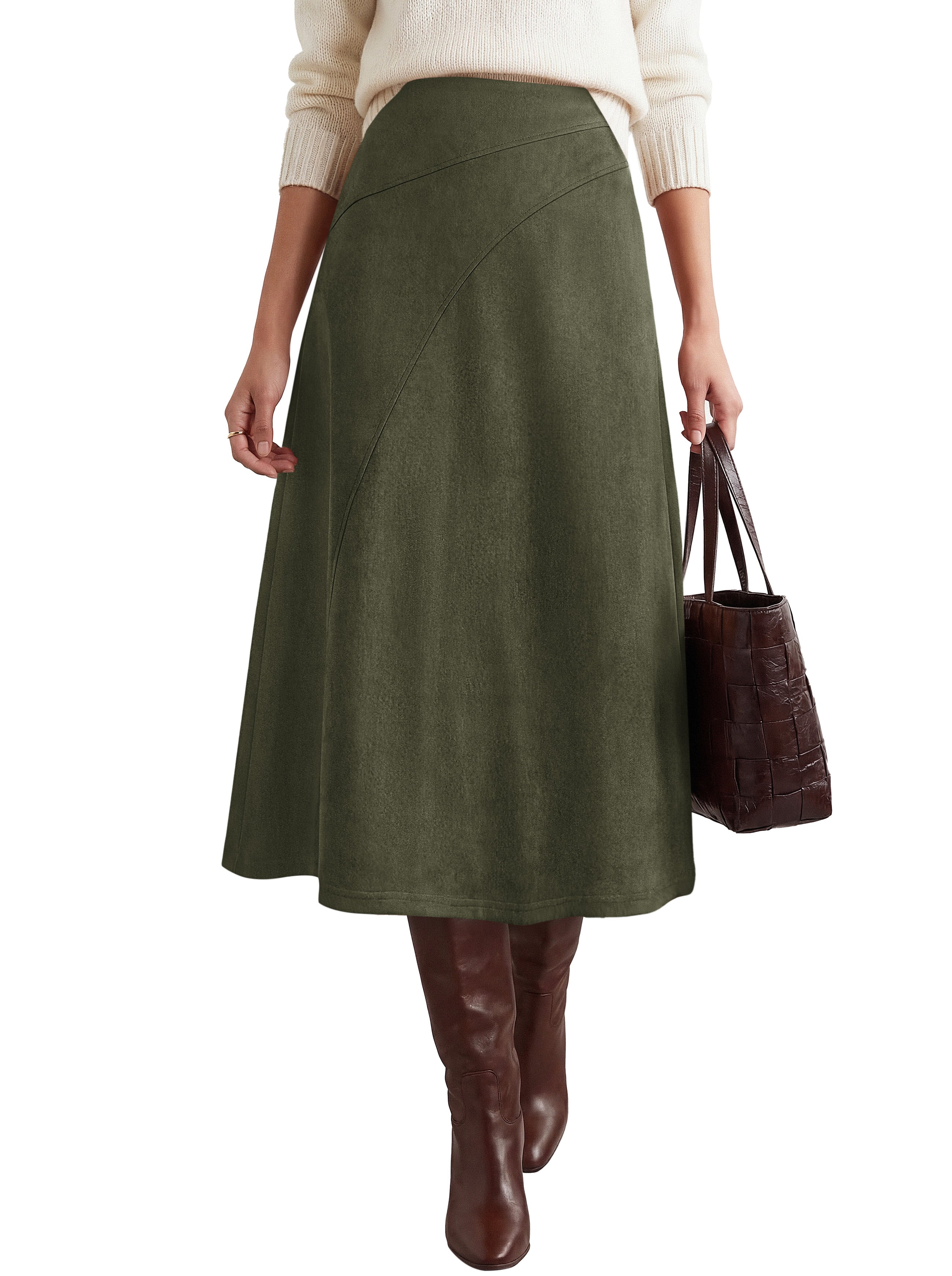 BTFBM Women Faux Suede Midi Long Skirt Fall Fashion 2026 | High Waisted Skirts For Women Trendy, Lightweight, Back Elastic, Arc Line Design, A-Line, Winter Dress, Boho Western Outfits