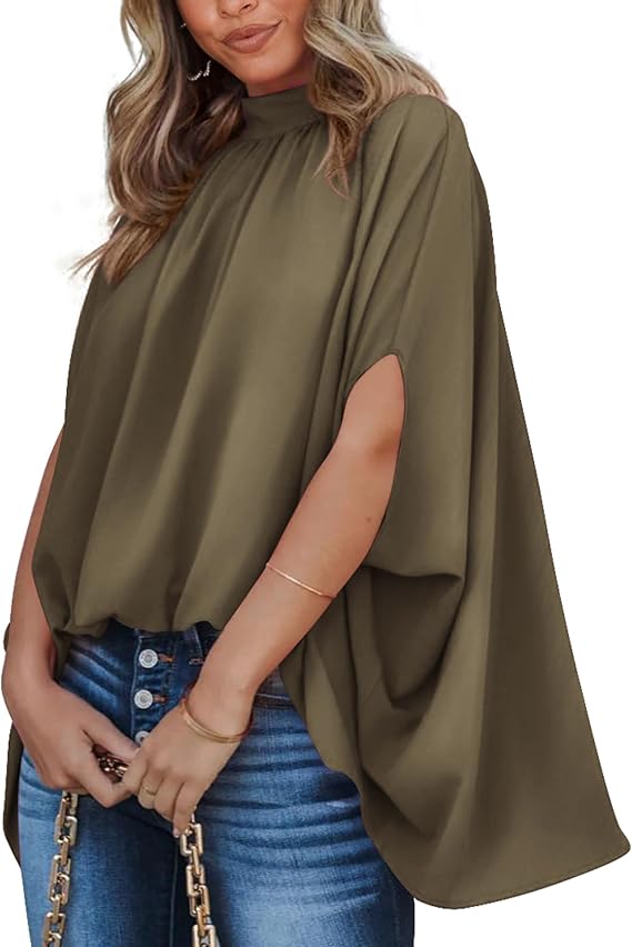 BTFBM Womens Summer Tops 2026 Mock Neck Batwing Sleeve Silk Satin Shirts Loose Oversized Dressy Casual Spring Blouses