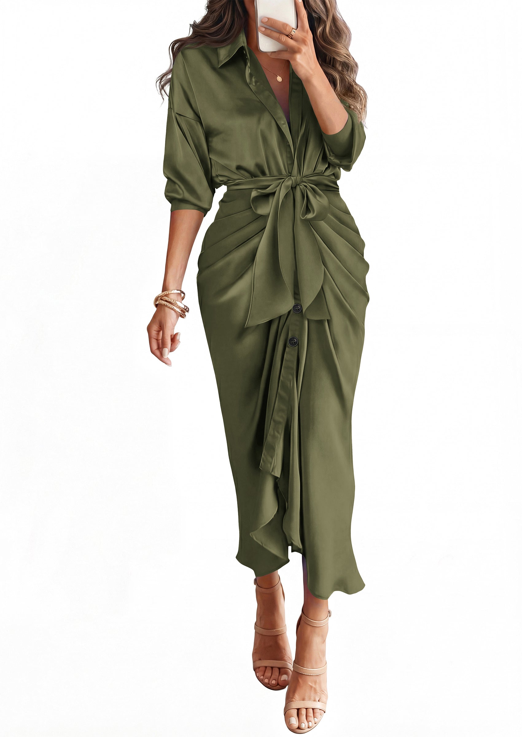 BTFBM Summer Dresses for Women 2026 Long Sleeve V Neck Button Down Elegant Belted Ruched Satin Silk Shirt Fall Dress
