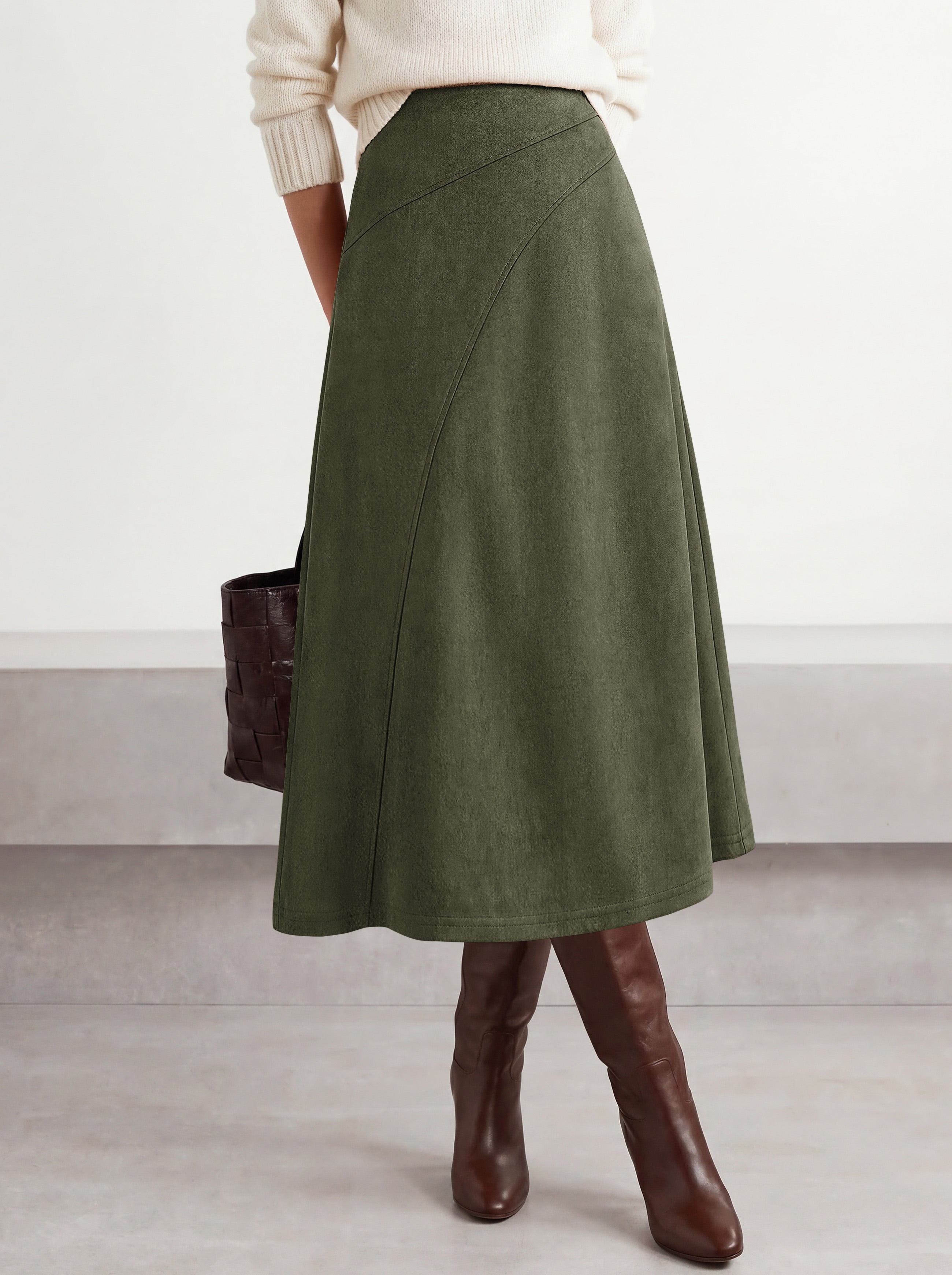 BTFBM Women Faux Suede Midi Long Skirt Fall Fashion 2026 | High Waisted Skirts For Women Trendy, Lightweight, Back Elastic, Arc Line Design, A-Line, Winter Dress, Boho Western Outfits