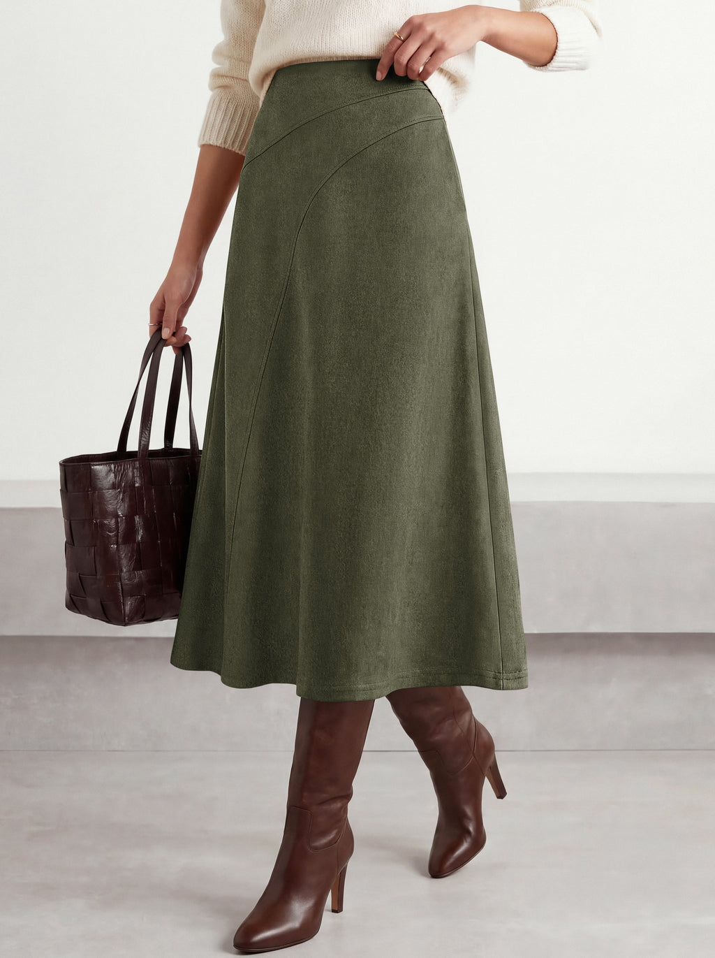 BTFBM Women Faux Suede Midi Long Skirt Fall Fashion 2026 | High Waisted Skirts For Women Trendy, Lightweight, Back Elastic, Arc Line Design, A-Line, Winter Dress, Boho Western Outfits
